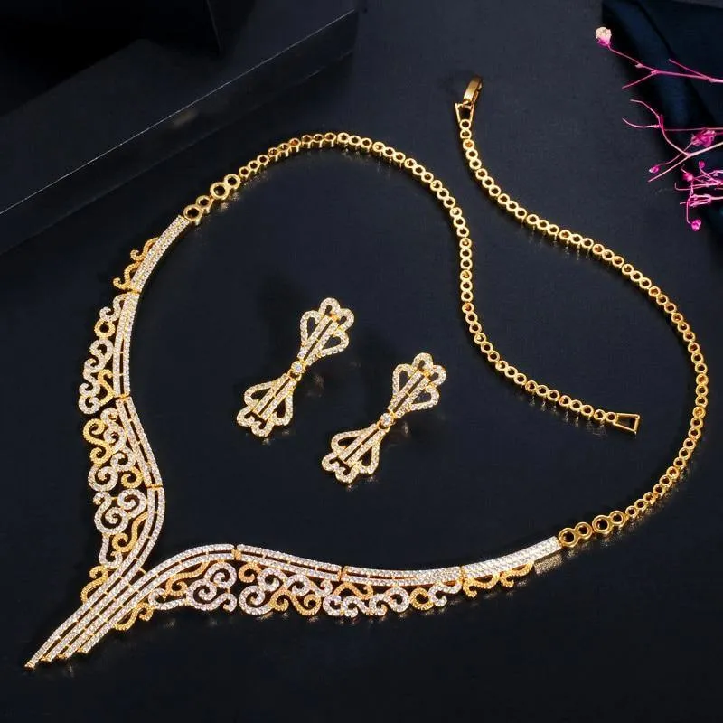 Marvellous Yellow Gold Color AAAA Quality Cubic Zircon Necklace and Earring Bridal Wedding Jewelry Set