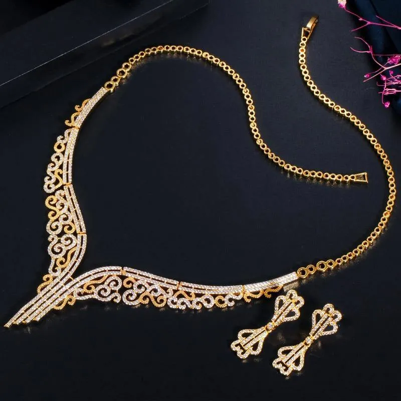 Marvellous Yellow Gold Color AAAA Quality Cubic Zircon Necklace and Earring Bridal Wedding Jewelry Set