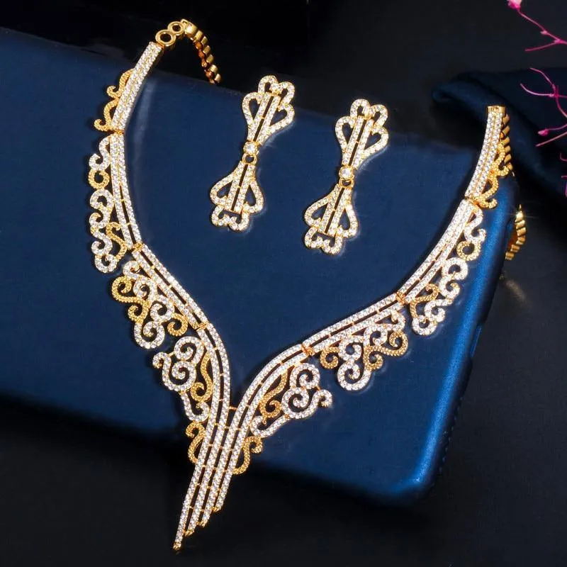 Marvellous Yellow Gold Color AAAA Quality Cubic Zircon Necklace and Earring Bridal Wedding Jewelry Set