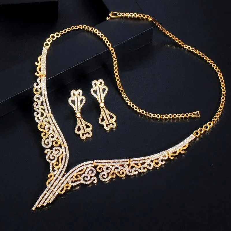 Marvellous Yellow Gold Color AAAA Quality Cubic Zircon Necklace and Earring Bridal Wedding Jewelry Set
