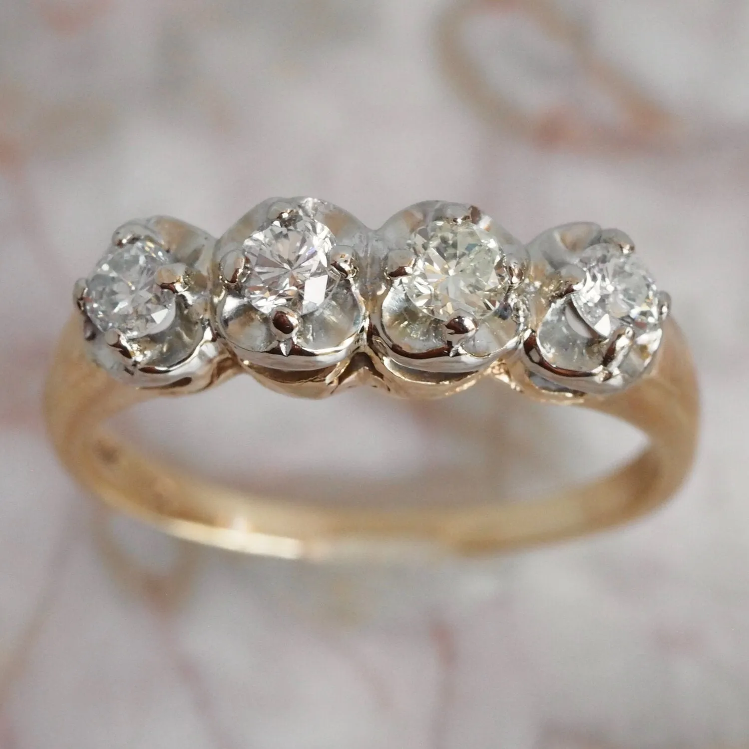 Midcentury Two Tone 14k Gold Round Brilliant Cut Diamond Band