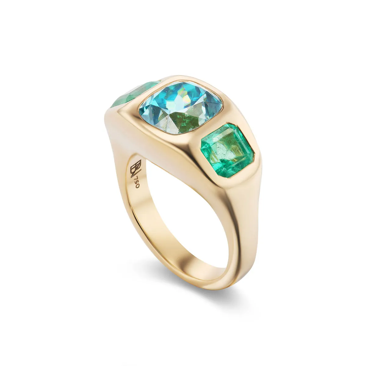 One-of-a-Kind BNS Ring with Blue Zircon and Emerald Sides
