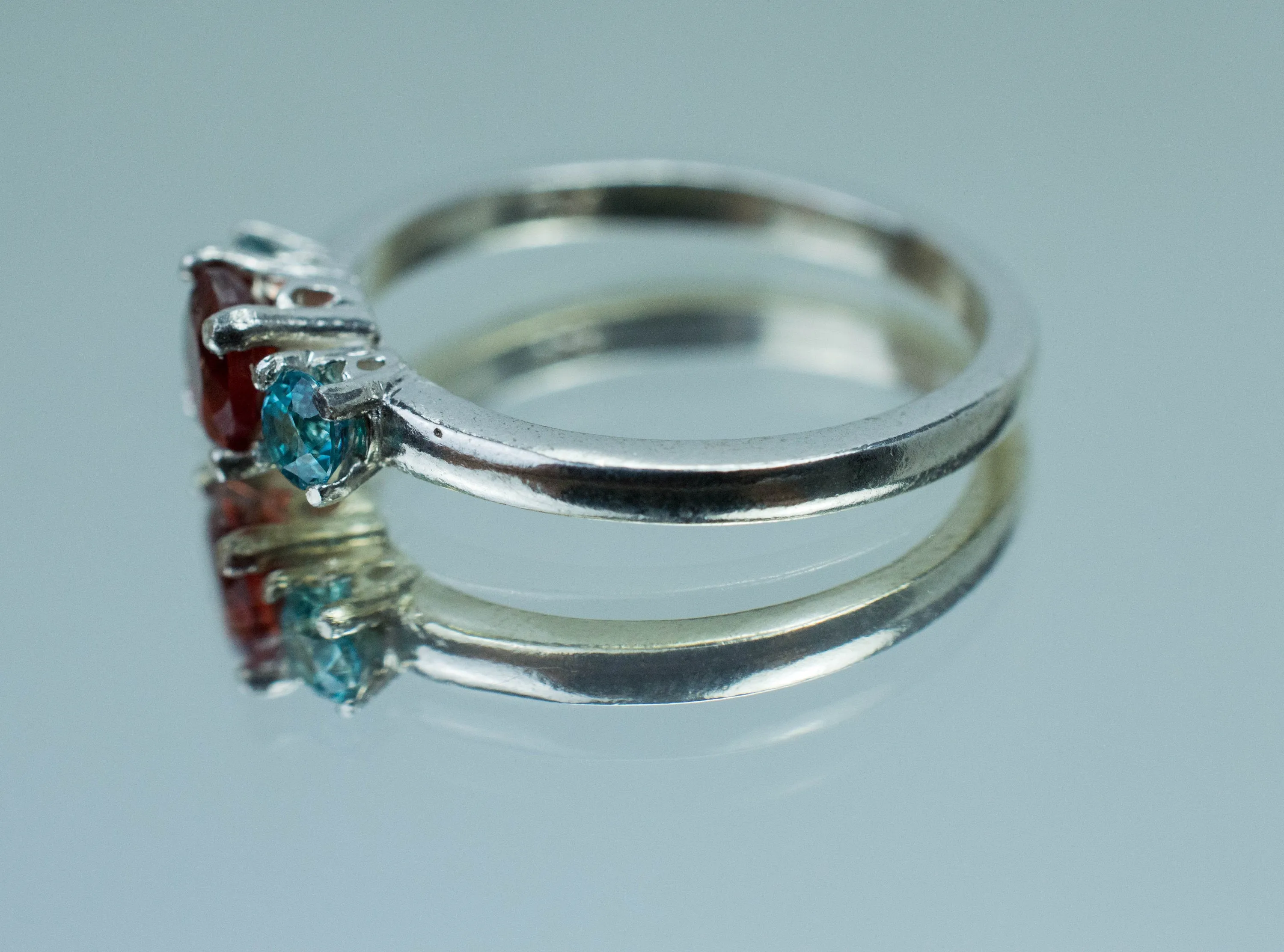 Oregon Sunstone and Blue Zircon Ring, Genuine Untreated Red Sunstone and Zircon