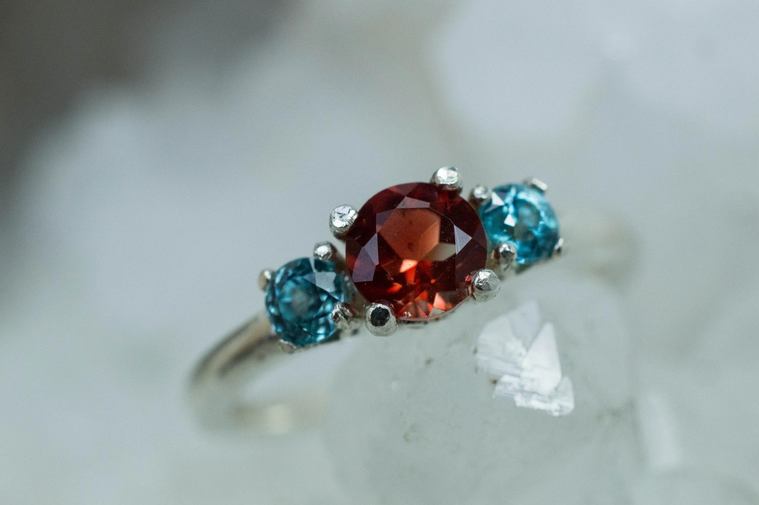 Oregon Sunstone and Blue Zircon Ring, Genuine Untreated Red Sunstone and Zircon