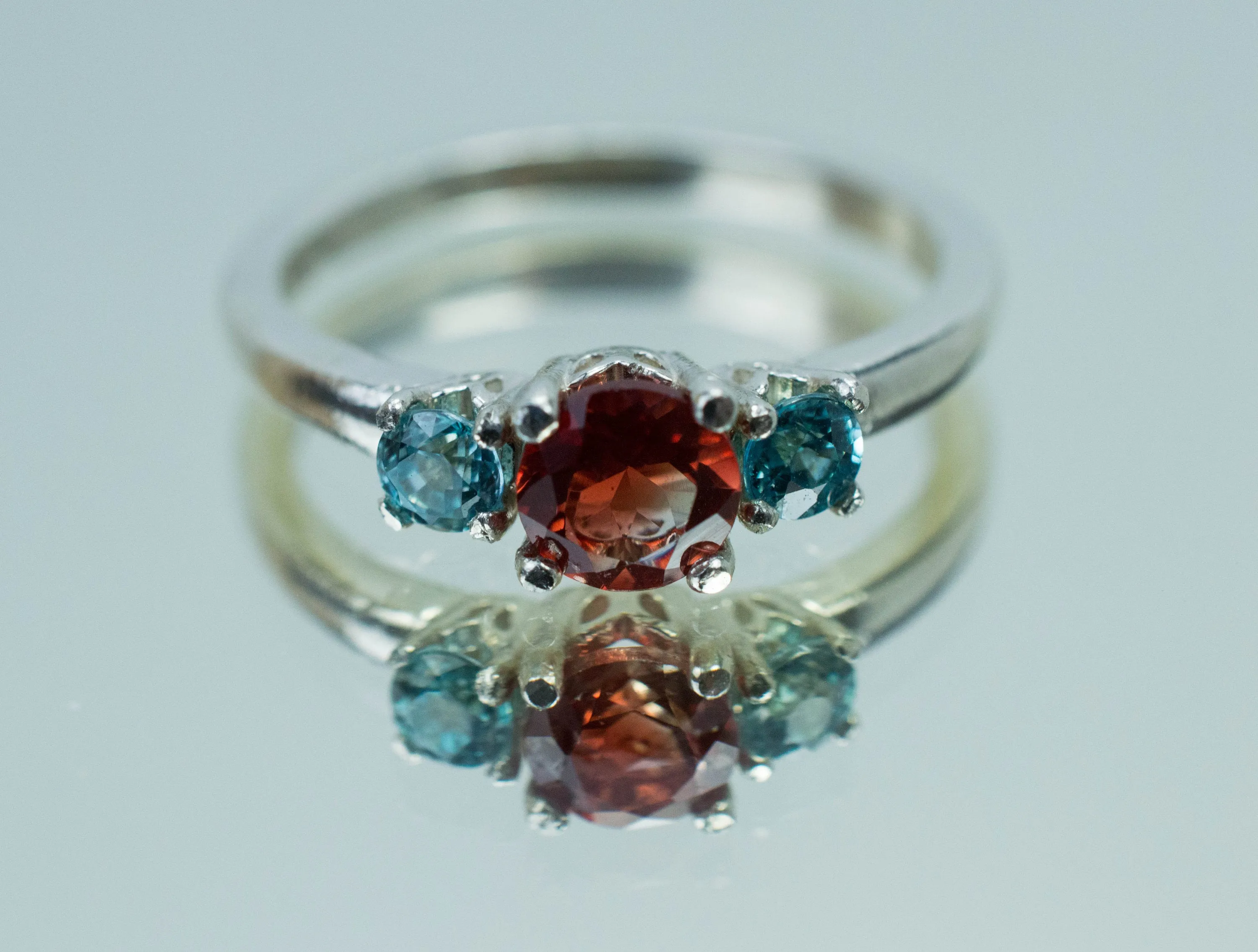 Oregon Sunstone and Blue Zircon Ring, Genuine Untreated Red Sunstone and Zircon