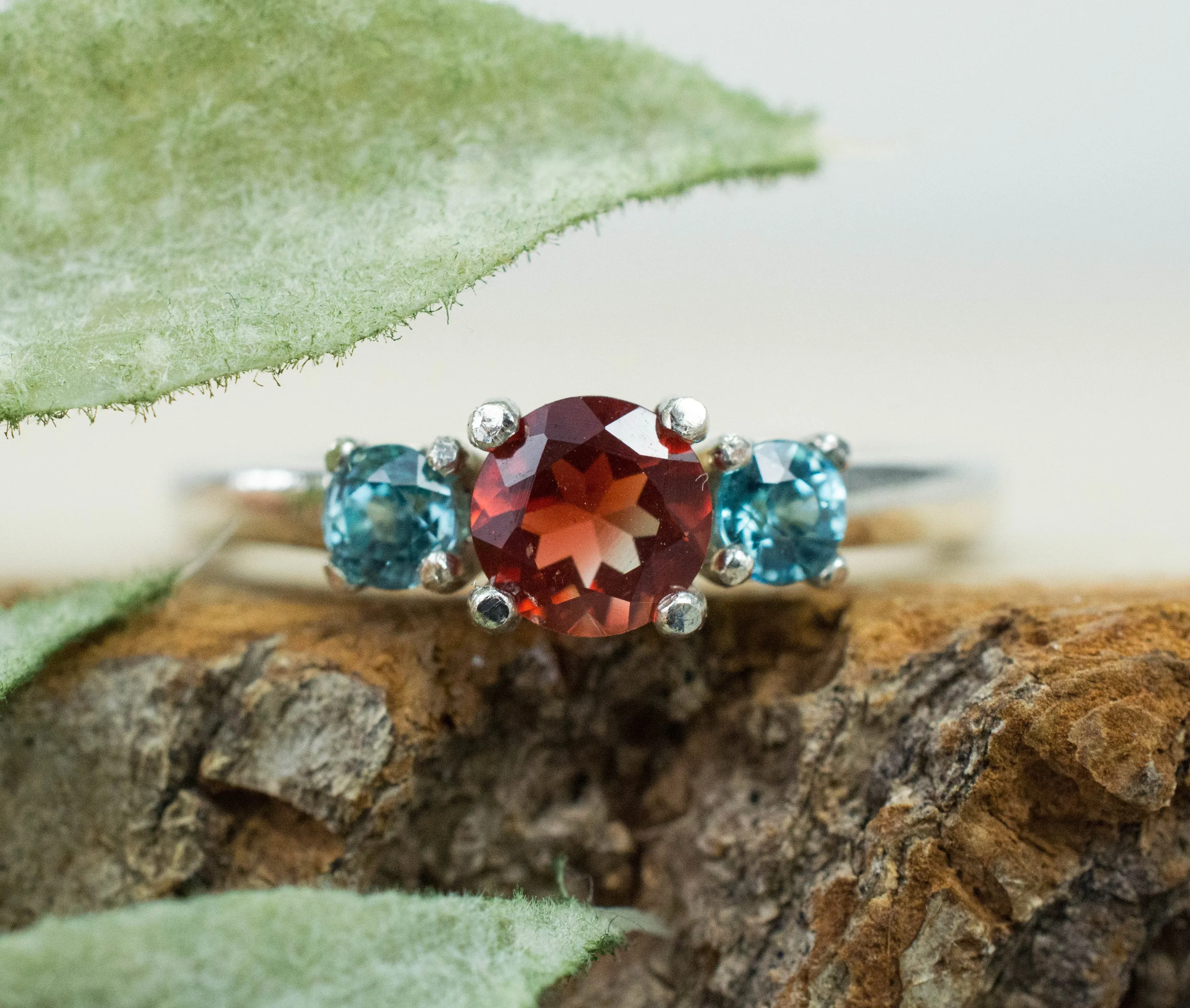 Oregon Sunstone and Blue Zircon Ring, Genuine Untreated Red Sunstone and Zircon