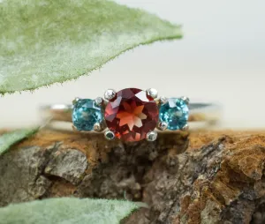 Oregon Sunstone and Blue Zircon Ring, Genuine Untreated Red Sunstone and Zircon
