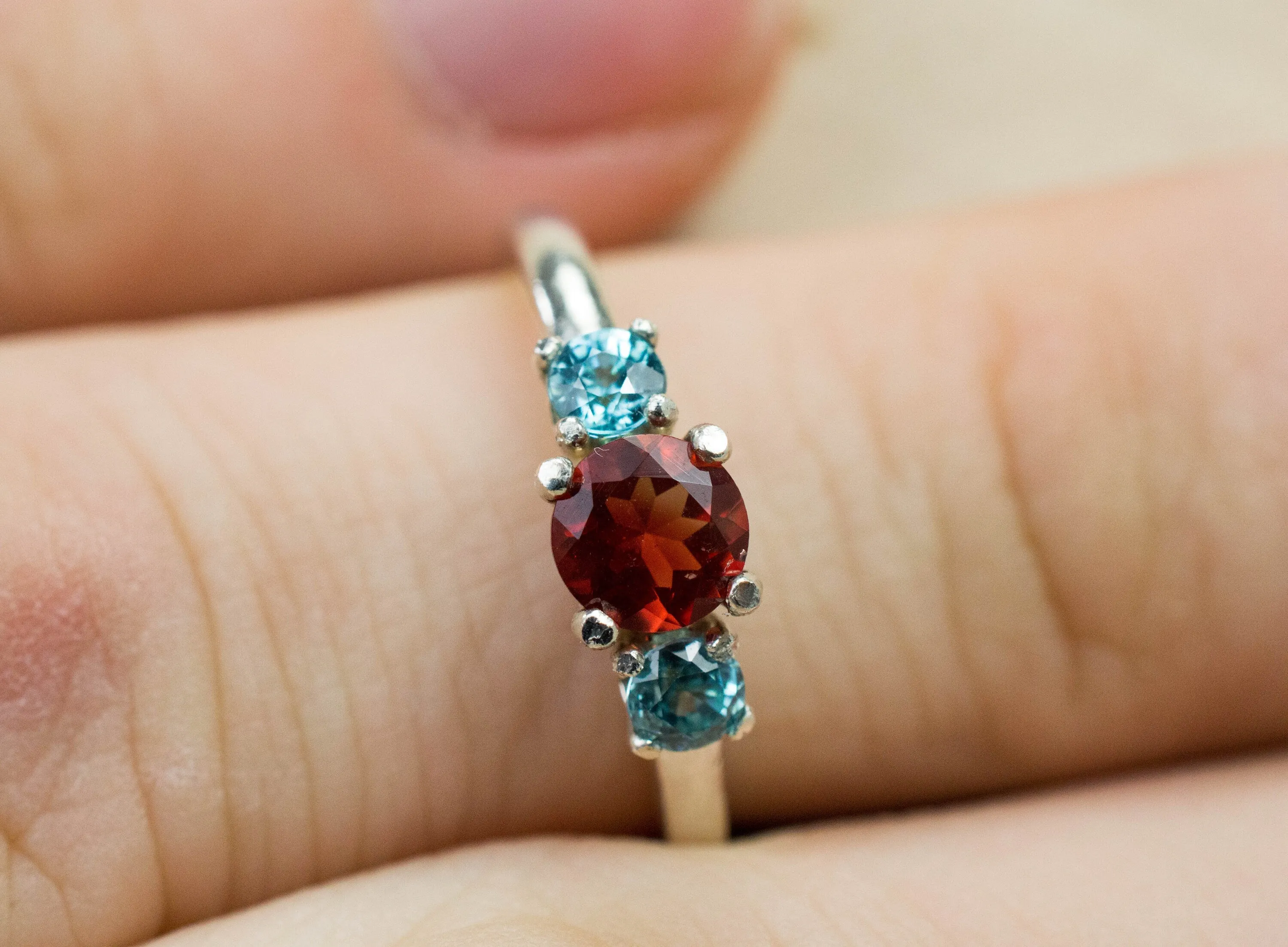 Oregon Sunstone and Blue Zircon Ring, Genuine Untreated Red Sunstone and Zircon
