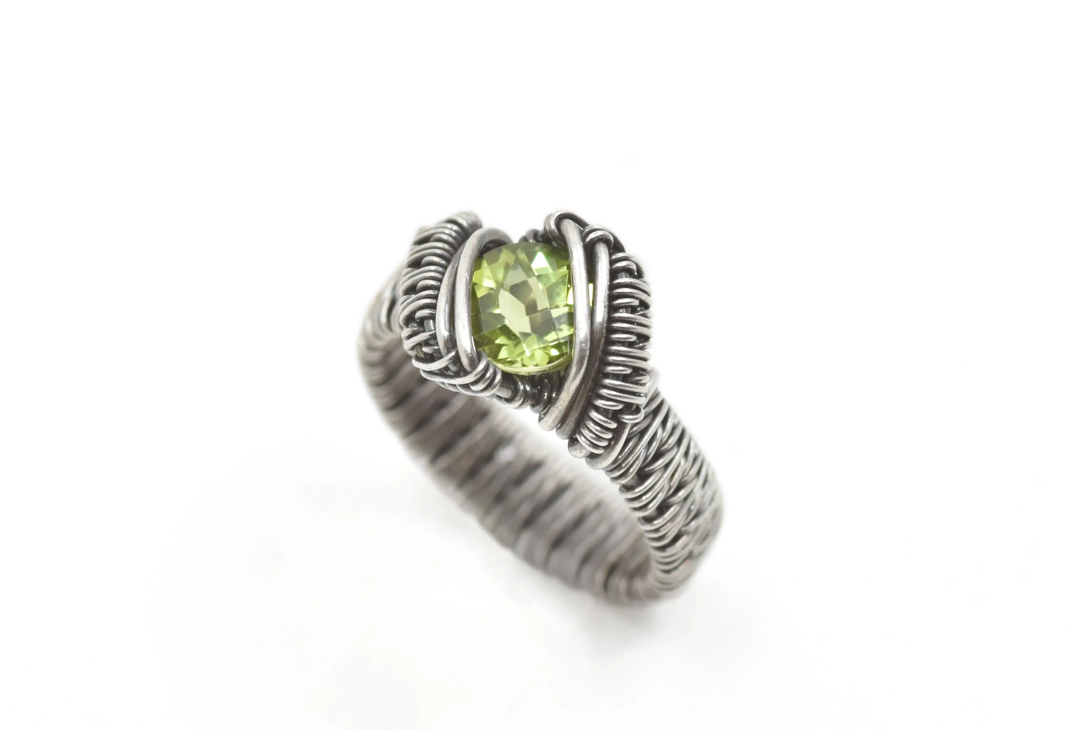 Sterling Silver Wire Wrapped Peridot Ring, 2/3