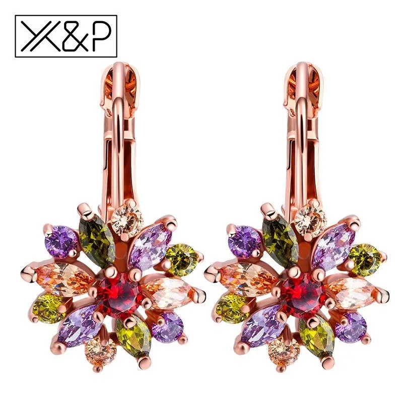X&P Fashion Luxury Flower Gold Stud Earrings for Women Girl Birthday Zircon Stone Earring Jewelry Gift
