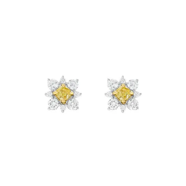 Yellow Cushion Cut & White Diamond Stud Earrings